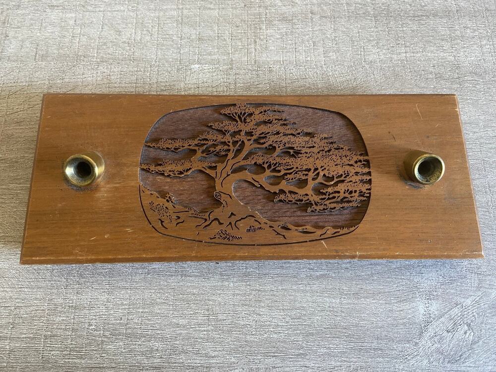 Vintage Office Desk Brass Wood Pen Holder Lasercraft Solid Monterey Cypress Tree